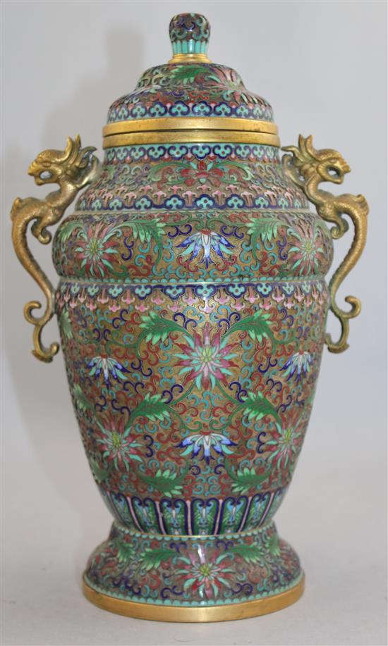 A Chinese bronze and cloisonne enamel vase and cover, early 20th century, 28.5cm